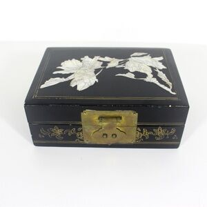 Vintage Black Lacquered Wood Jewelry Box with Inlaid Mother of Pearl Shell